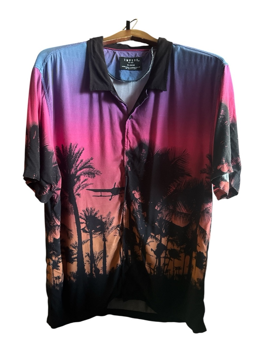 Empyre Gradient Sunset Palm Short Sleeve Button-Down Shirt - Pink, Purple, Black